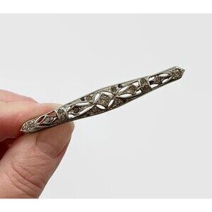 Vintage Art Deco Rhinestone Brooch: Silver Filigree Bar Pin